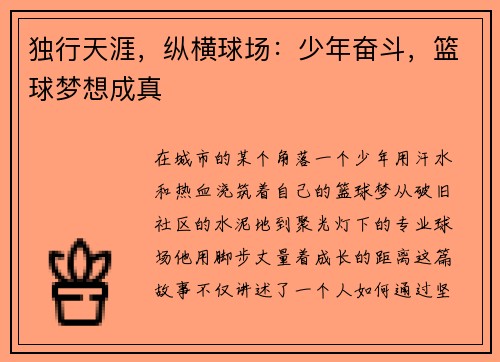 独行天涯，纵横球场：少年奋斗，篮球梦想成真